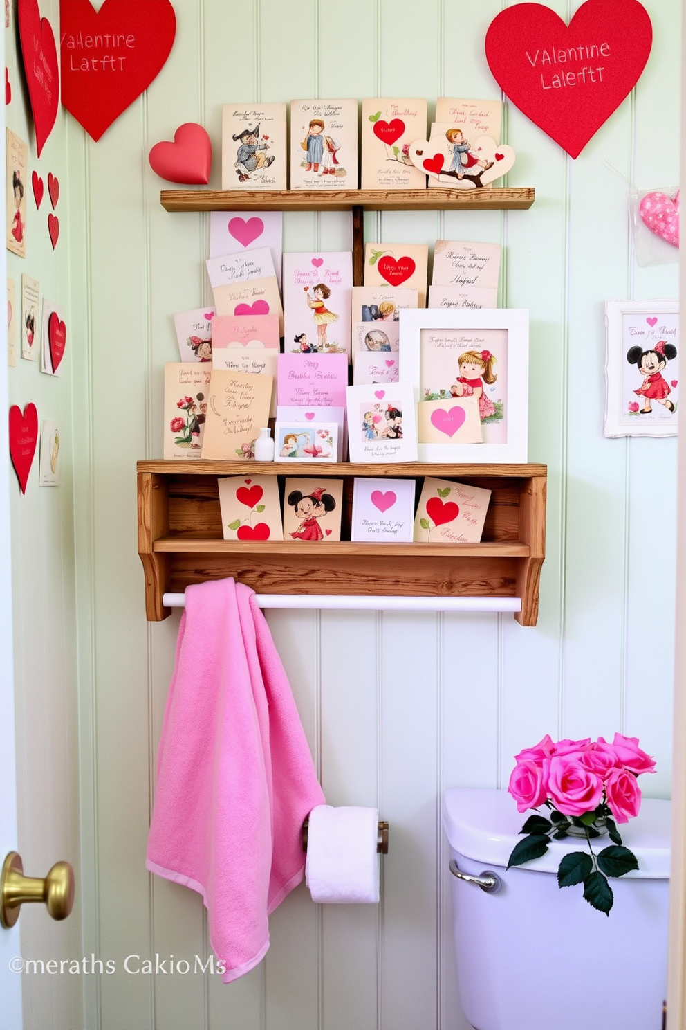 A charming bathroom adorned with vintage Valentine postcards as decor. The walls are lined with a soft pastel hue, creating a romantic backdrop for the postcards that feature whimsical illustrations and heartfelt messages. A rustic wooden shelf displays an array of postcards, framed in delicate white frames. Soft pink towels hang neatly, and a small vase of fresh roses adds a touch of elegance to the space.