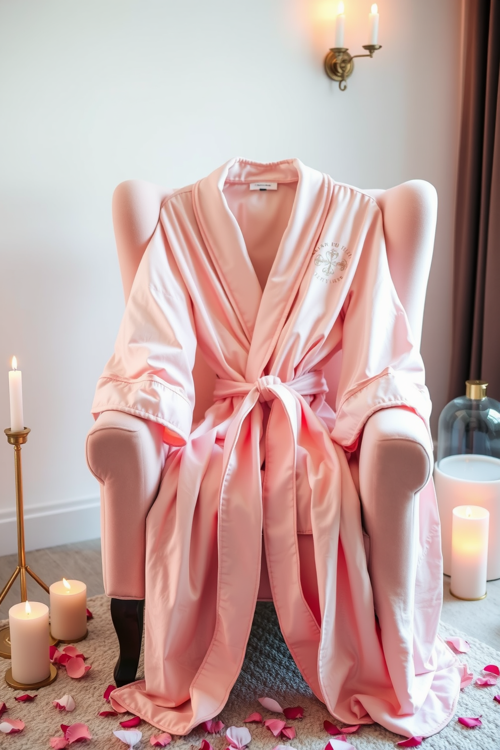 A luxurious bathrobe in soft shades of blush and ivory drapes elegantly over a plush velvet chair. The fabric features delicate embroidery that adds a touch of romance, perfect for a cozy Valentine's Day setting. Surrounding the chair, subtle decor elements like scented candles and rose petals create an inviting atmosphere. Soft, ambient lighting enhances the warmth, making it an ideal space for relaxation and romance.