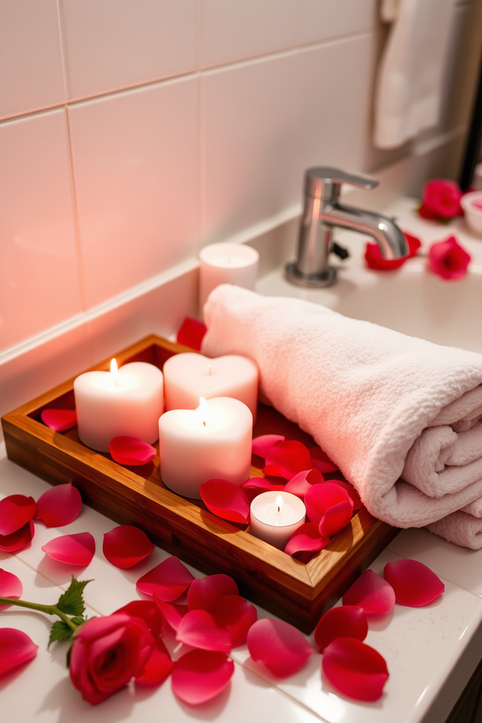 A romantic bathroom setting featuring heart-shaped candles arranged on a wooden tray. The soft glow of the candles creates an intimate atmosphere, perfect for a Valentine's Day celebration. Surround the candles with fresh rose petals scattered across the countertop. Add a plush white towel folded neatly beside the sink to enhance the cozy and inviting feel.