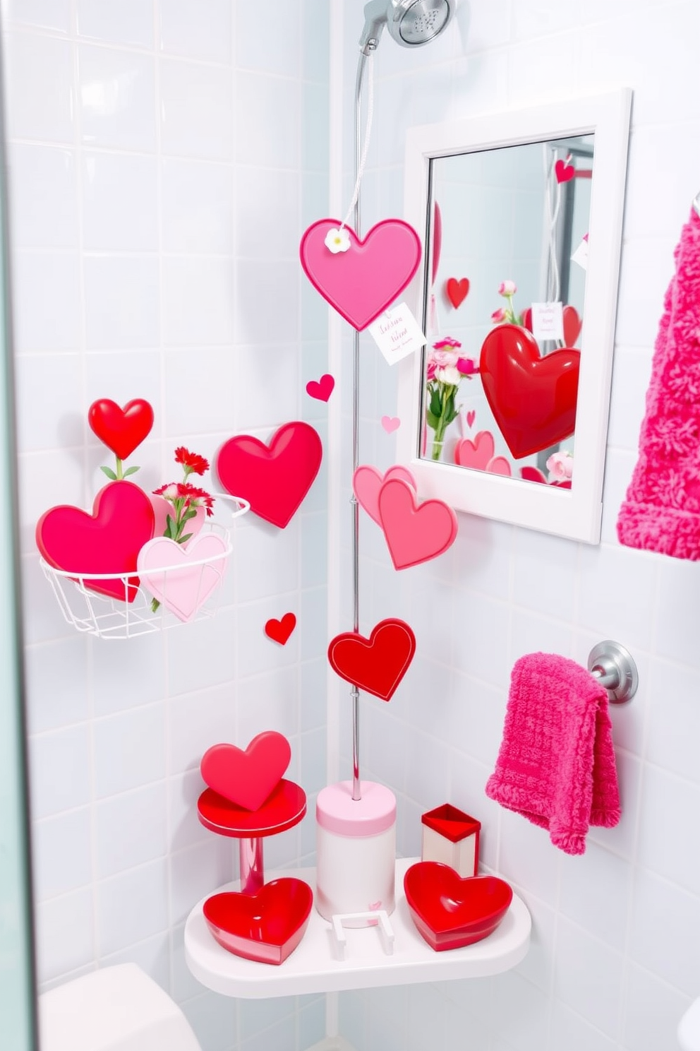 A whimsical shower caddy designed for a love-themed bathroom features playful heart shapes and vibrant colors. It is adorned with small decorative elements like flowers and love notes to create a cheerful and romantic atmosphere. For Valentine's Day, the shower caddy is complemented by matching accessories such as heart-shaped soap dishes and colorful bath towels. The overall decor includes soft pinks and reds, enhancing the love-inspired theme throughout the space.