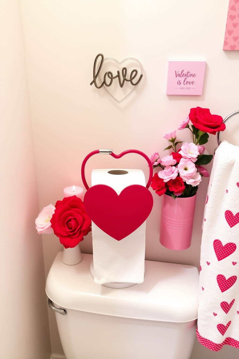 A charming Valentine themed toilet paper holder designed in the shape of a heart adds a playful touch to the bathroom. Surround the holder with soft pink and red decorations, such as heart-shaped candles and floral arrangements to enhance the romantic atmosphere. Incorporate Valentine’s Day themed towels featuring cute patterns and colors that complement the decor. Add small accents like love-themed wall art or a decorative sign to create a cohesive and festive look for the holiday.