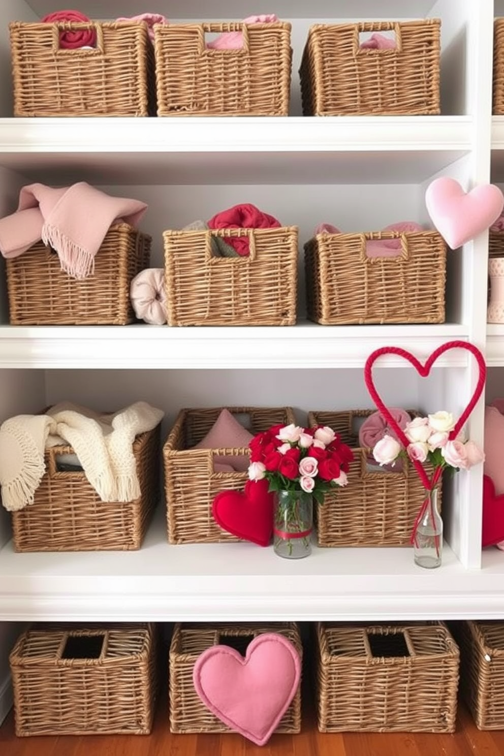 Chic wicker baskets are arranged stylishly on open shelves, providing a warm and inviting storage solution. Each basket is filled with cozy throws and decorative pillows, enhancing the overall aesthetic of the room. For Valentine's Day, the space is adorned with soft pink and red accents, creating a romantic atmosphere. Heart-shaped decorations and fresh flowers are strategically placed to celebrate the occasion while maintaining a chic design.