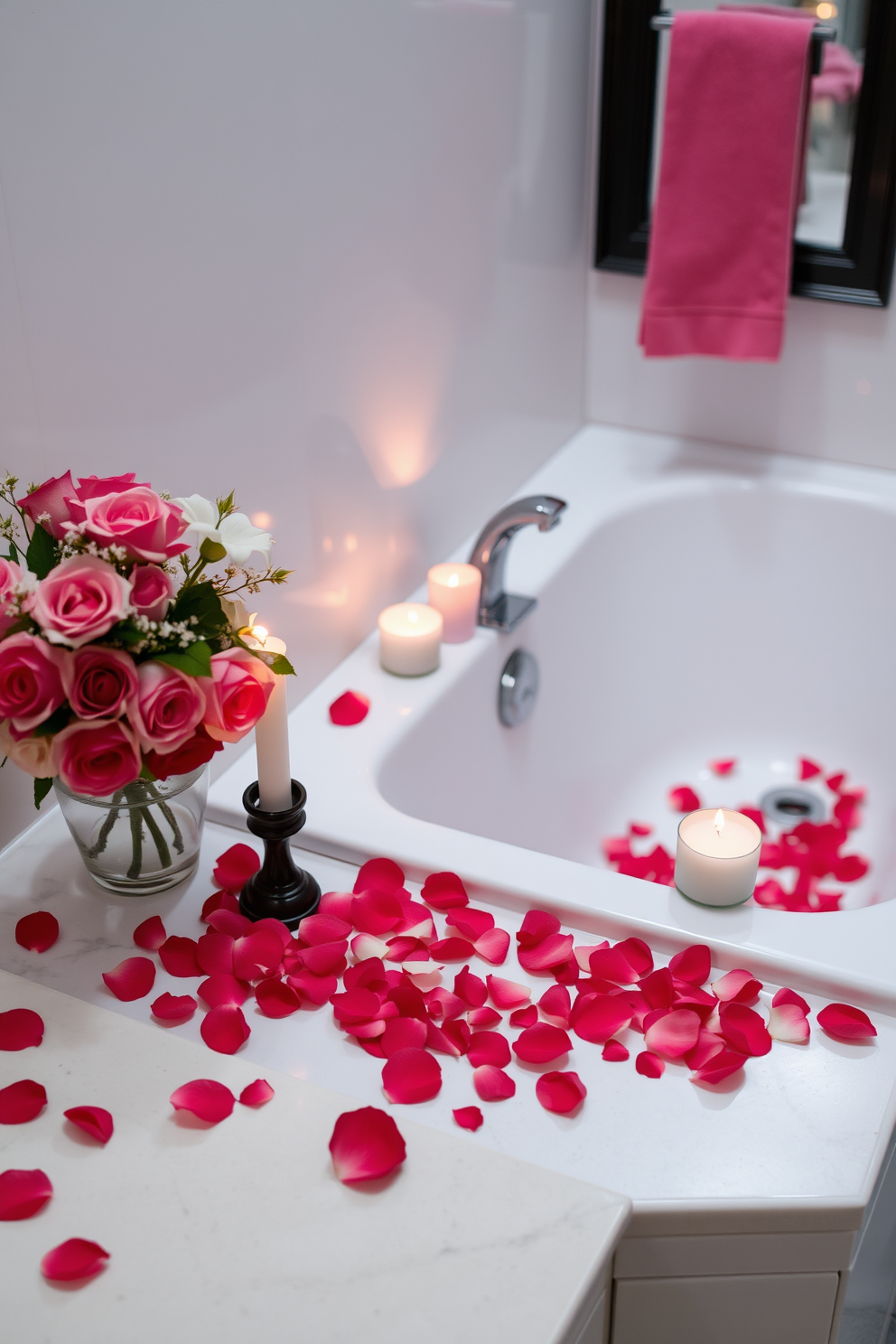 A romantic bathroom setting for Valentine's Day. The countertop is adorned with a delicate scatter of rose petals, creating a soft and inviting atmosphere. Candles flicker gently on the edge of the tub, casting a warm glow throughout the space. Fresh flowers in a vase complement the rose petals, enhancing the overall elegance of the decor.