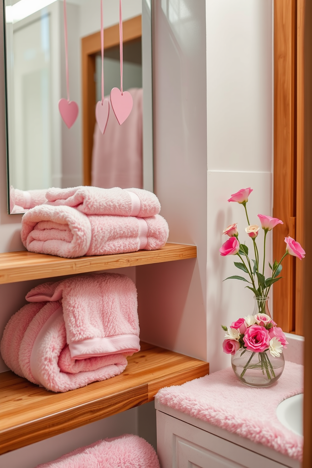 Fluffy towels in soft pink hues are neatly arranged on a wooden shelf in a cozy bathroom. Delicate heart-shaped decorations hang from the mirror, adding a romantic touch for Valentine's Day. A soft pink bath mat complements the fluffy towels, creating a warm and inviting atmosphere. Fresh flowers in a small vase sit on the countertop, enhancing the Valentine's Day theme with their vibrant colors.