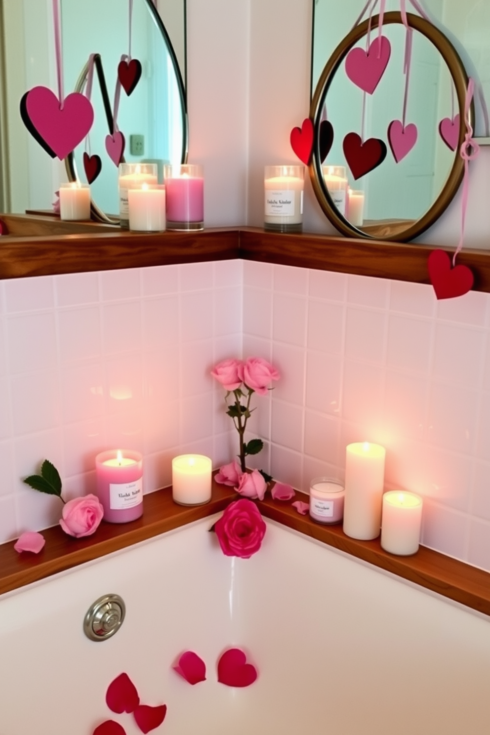 Create a romantic bathroom setting adorned with fragrant candles in lovely scents. The candles are arranged on a wooden shelf, casting a warm glow and filling the air with hints of lavender and vanilla. Incorporate Valentine's Day decor with soft pink and red accents. Heart-shaped decorations hang from the mirrors, and rose petals are scattered around the bathtub for a touch of elegance.