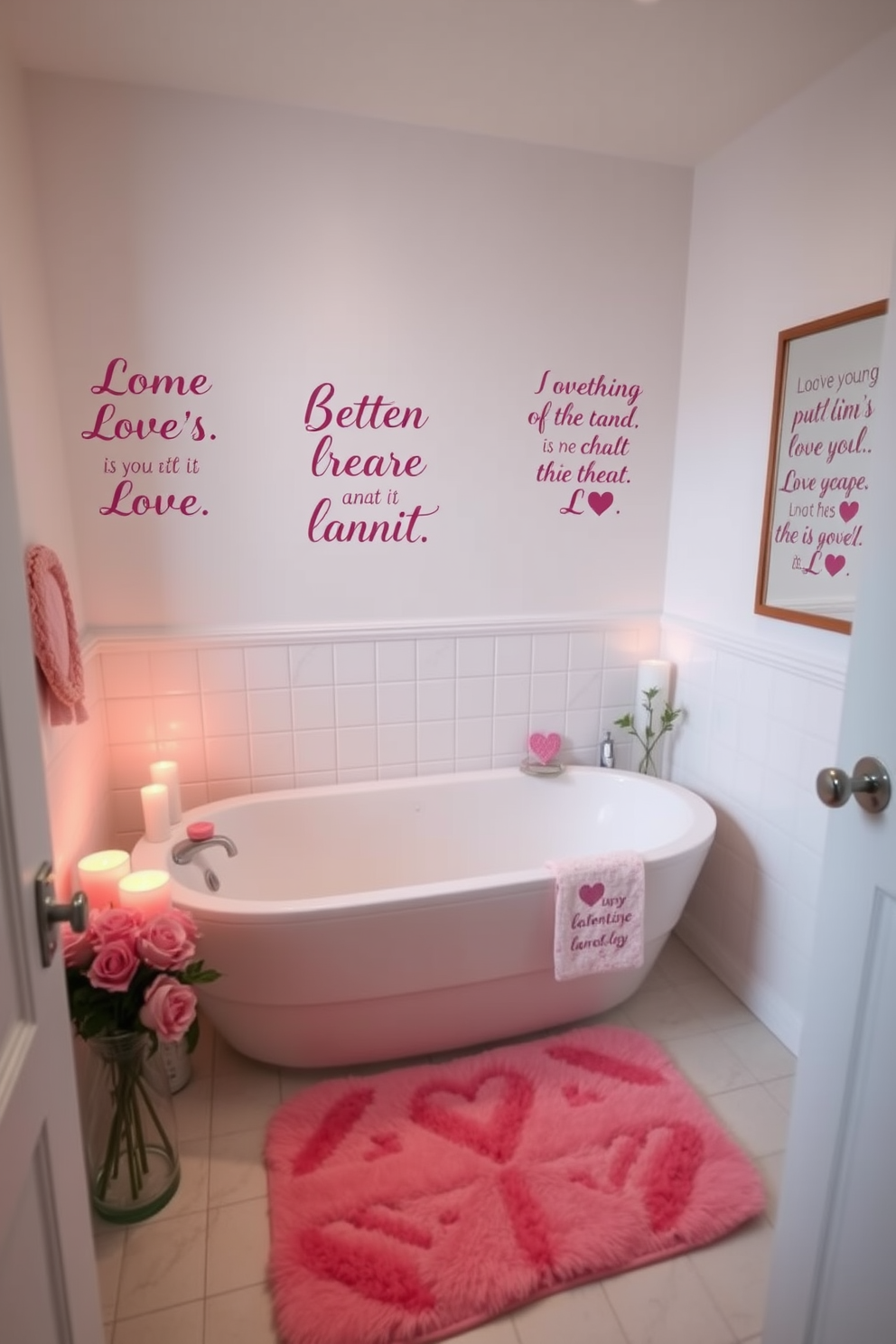 A serene bathroom adorned with love quotes on the walls creates an inviting atmosphere. The wall art features elegant typography in soft pastel colors, complementing the overall decor. Valentine's Day decorations include heart-shaped accents and romantic candles placed strategically around the space. A cozy bath mat in a soft pink hue adds warmth, while fresh flowers in a vase enhance the romantic feel.