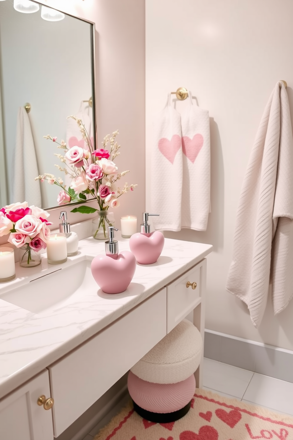 Create a charming bathroom setting featuring heart-shaped soap dispensers in soft pastel colors. The dispensers sit on a white marble countertop alongside delicate floral arrangements and scented candles. Incorporate Valentine's Day decor with heart-themed towels and a decorative rug that adds a touch of romance. Soft lighting illuminates the space, enhancing the cozy and inviting atmosphere.