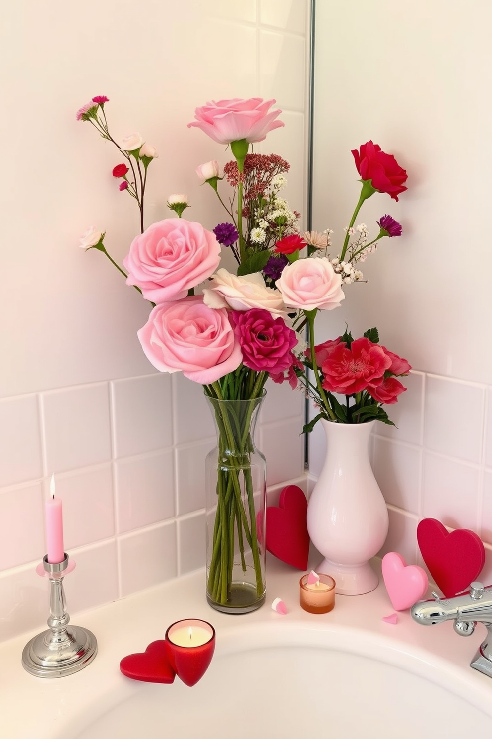 Floral arrangements in elegant vases adorn a beautifully set bathroom. The vases, made of crystal and ceramic, feature a variety of colorful blooms that add warmth and charm to the space. For Valentine's Day, the bathroom is decorated with soft pink and red accents. Heart-shaped decorations and romantic candles create a cozy and inviting atmosphere.