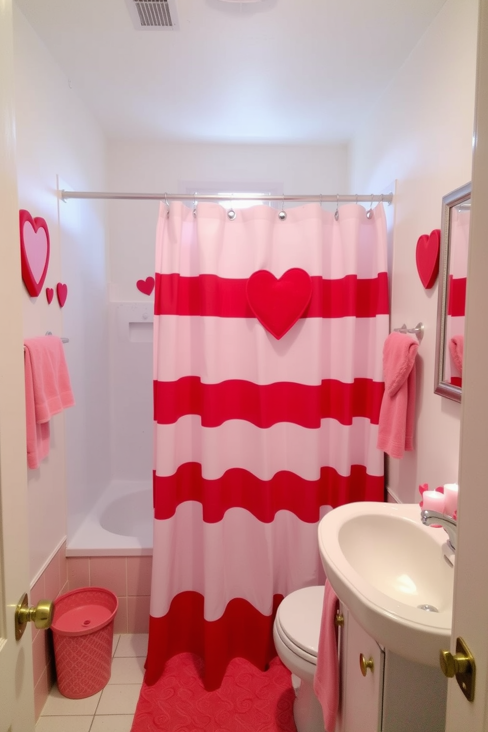 A cozy bathroom adorned with a red and white striped shower curtain that adds a playful touch to the space. Soft pink accents and heart-shaped decorations create a romantic atmosphere perfect for Valentine's Day.