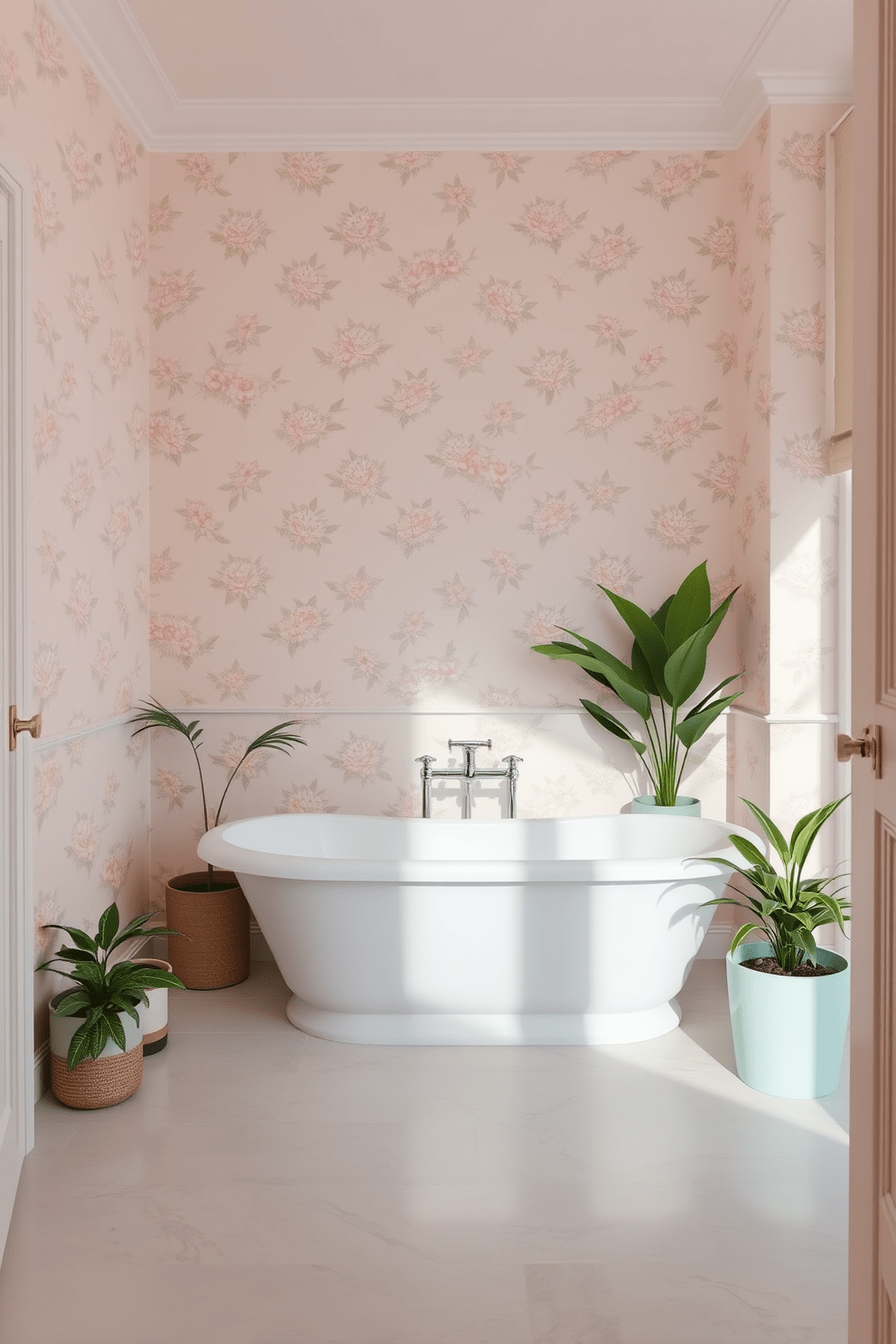 A serene bathroom oasis featuring soft pastel colors that evoke a calming atmosphere. The walls are adorned with delicate floral wallpaper in shades of light pink and mint green, creating a soothing backdrop. The floor is covered with light gray tiles that complement the soft hues above. A freestanding bathtub in white sits against the wall, surrounded by potted plants for a touch of nature.