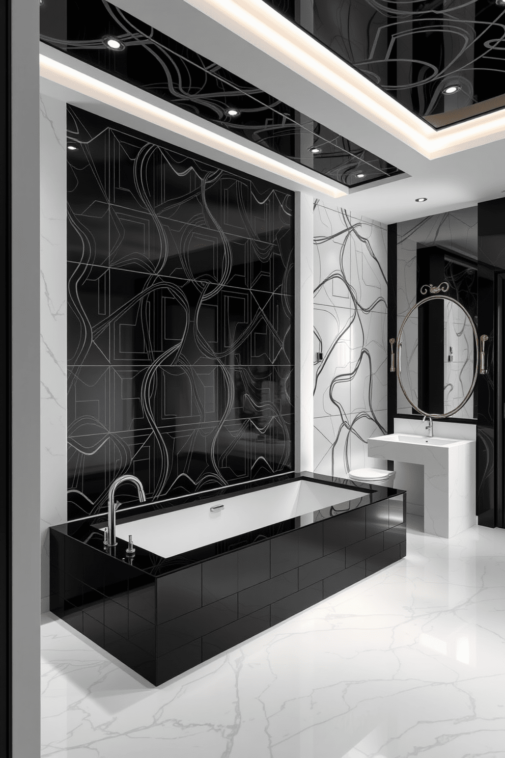 A luxurious bathroom featuring a striking black and white wall design. The walls are adorned with intricate geometric patterns that create a sense of depth and sophistication. The focal point is a large, elegant bathtub surrounded by sleek black tiles. Soft, ambient lighting enhances the dramatic contrast of the black and white aesthetic.