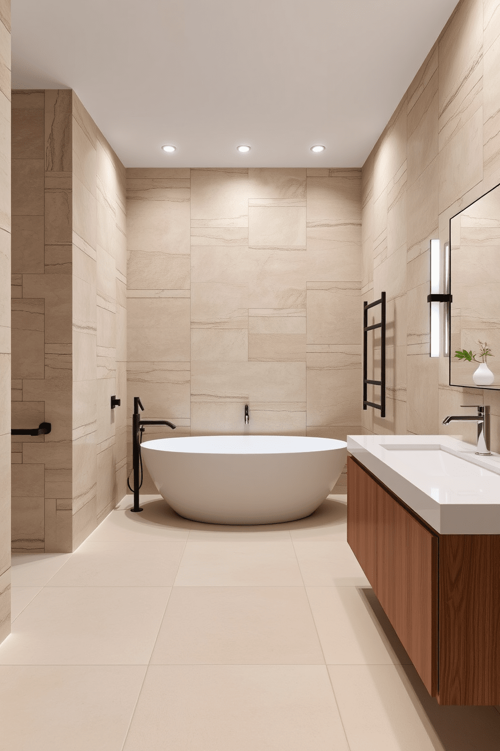 A luxurious bathroom featuring natural stone walls that create an elegant and serene atmosphere. The stone is complemented by sleek fixtures and a freestanding soaking tub that invites relaxation. The floor is adorned with large format tiles in a soft neutral tone, enhancing the spacious feel of the room. A minimalist wooden vanity with a polished countertop provides ample storage while maintaining a clean aesthetic.