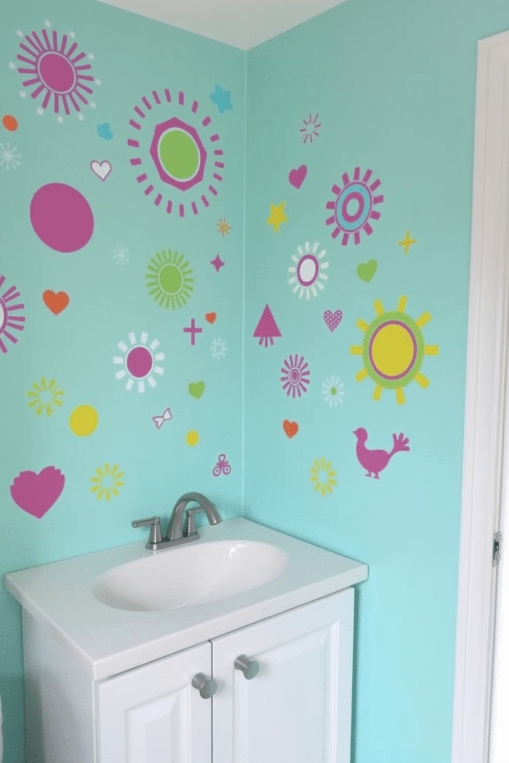 A vibrant bathroom wall adorned with playful vinyl decals featuring whimsical patterns and colorful shapes. The decals create a cheerful atmosphere, perfect for a family-friendly space with a light-hearted touch. The walls are painted in a soft pastel color to complement the bright decals, enhancing the overall playful vibe. A sleek, modern vanity with playful hardware adds functionality while maintaining the fun aesthetic.