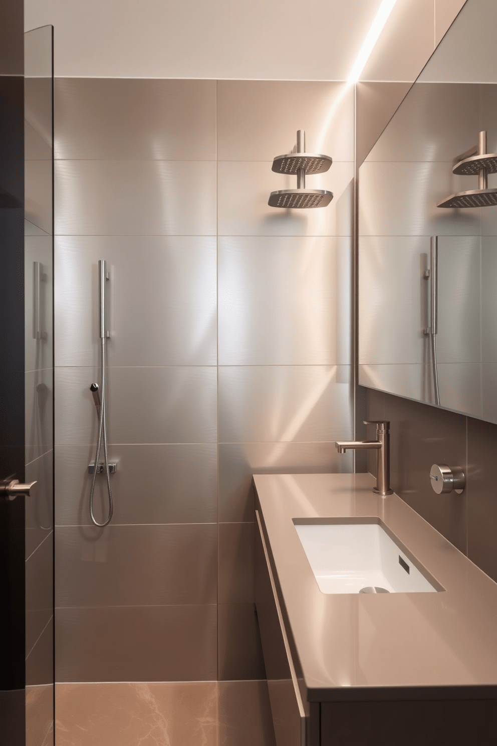 A sleek bathroom featuring metallic finishes that add a contemporary edge. The walls are adorned with large metallic tiles that reflect light, creating a sense of spaciousness and luxury. The fixtures include a modern faucet with a brushed nickel finish and a stylish showerhead that complements the overall design. A floating vanity with a glossy finish enhances the bathroom's sleek aesthetic, while accent lighting highlights the metallic elements.