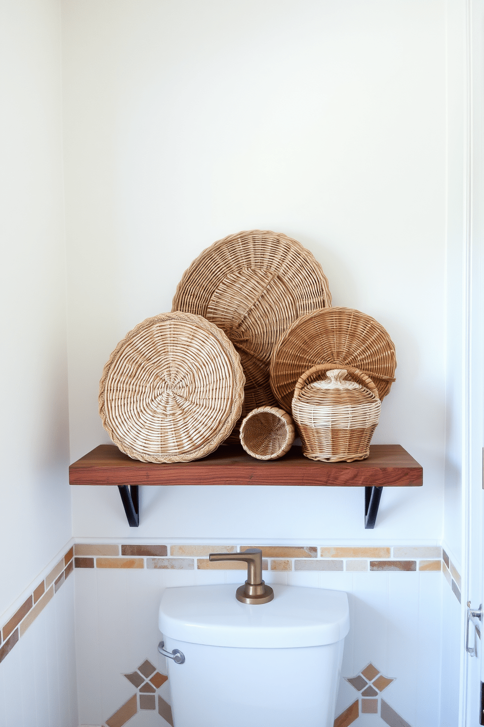 Woven baskets are artfully arranged on a wooden shelf, adding a touch of warmth and texture to the bathroom space. The baskets vary in size and color, creating a harmonious blend with the surrounding decor. The bathroom walls are adorned with a soft, neutral paint that complements the woven baskets. Accent tiles in earthy tones create a subtle pattern, enhancing the overall natural aesthetic.