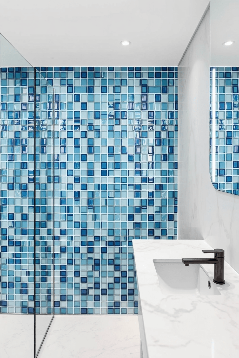 A contemporary bathroom featuring glass tiles that reflect light beautifully, creating a sleek and modern appearance. The walls are adorned with a mosaic of varying shades of blue and green glass tiles, enhancing the overall ambiance of tranquility. The design incorporates seamless transitions between the glass tiles and other materials, such as a smooth white marble countertop. A minimalist approach is taken with fixtures, emphasizing clean lines and a clutter-free space.