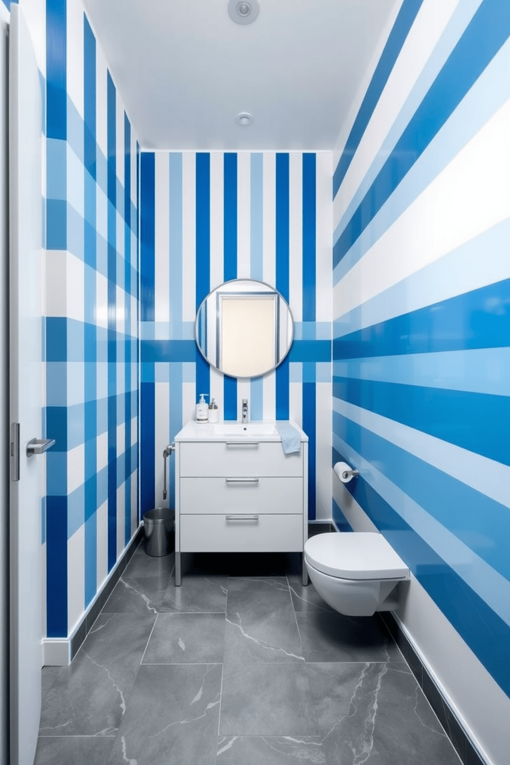 A stunning bathroom design featuring painted stripes in varying shades of blue and white. The stripes create a sense of depth and movement, enhancing the overall aesthetic of the space. The floor is covered with elegant gray tiles that contrast beautifully with the striped walls. A sleek white vanity with a round mirror reflects the vibrant colors, adding a modern touch to the room.