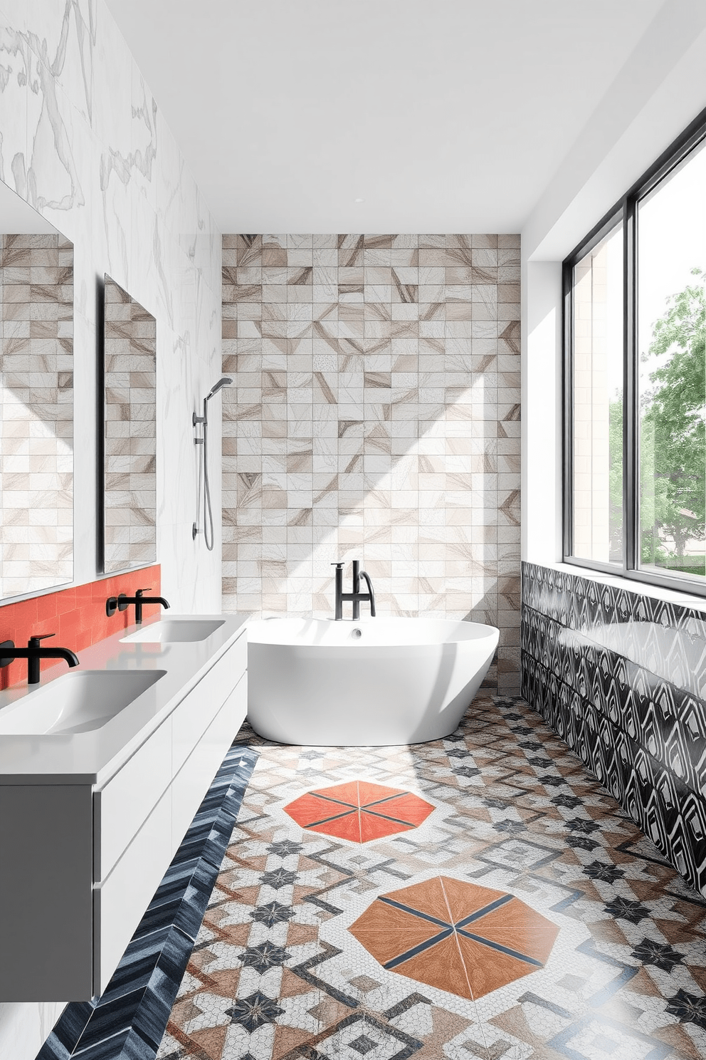 A stunning bathroom design featuring bold geometric tiles that create a modern flair. The walls are adorned with a mix of vibrant and monochrome patterns, adding depth and interest to the space. The floor is complemented by sleek fixtures and a contemporary freestanding bathtub, enhancing the overall aesthetic. A large window allows natural light to flood in, highlighting the unique tile designs and creating an inviting atmosphere.