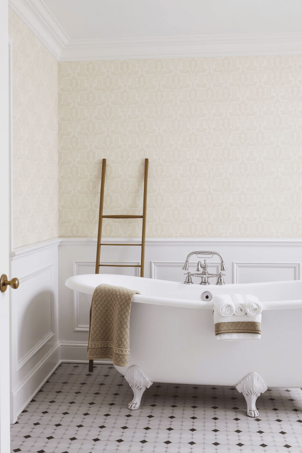 A serene bathroom featuring a trellis pattern wallpaper in soft pastel hues. The walls are adorned with elegant white wainscoting that complements the classic design. The focal point is a freestanding soaking tub with vintage-style fixtures. A stylish ladder shelf next to the tub displays neatly rolled towels and decorative plants.