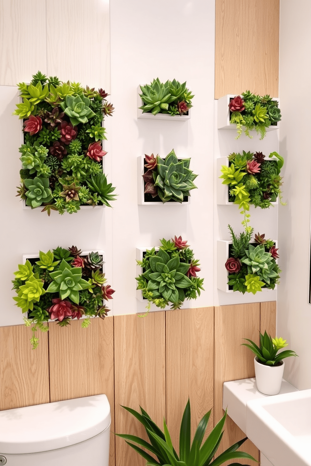 Succulent wall planters create a lush and vibrant atmosphere in any bathroom. These planters feature an array of colorful succulents arranged in a geometric pattern against a soft white wall. The wall design incorporates natural elements that enhance the serenity of the space. Textured wooden panels serve as a backdrop, complementing the greenery and adding warmth to the overall aesthetic.