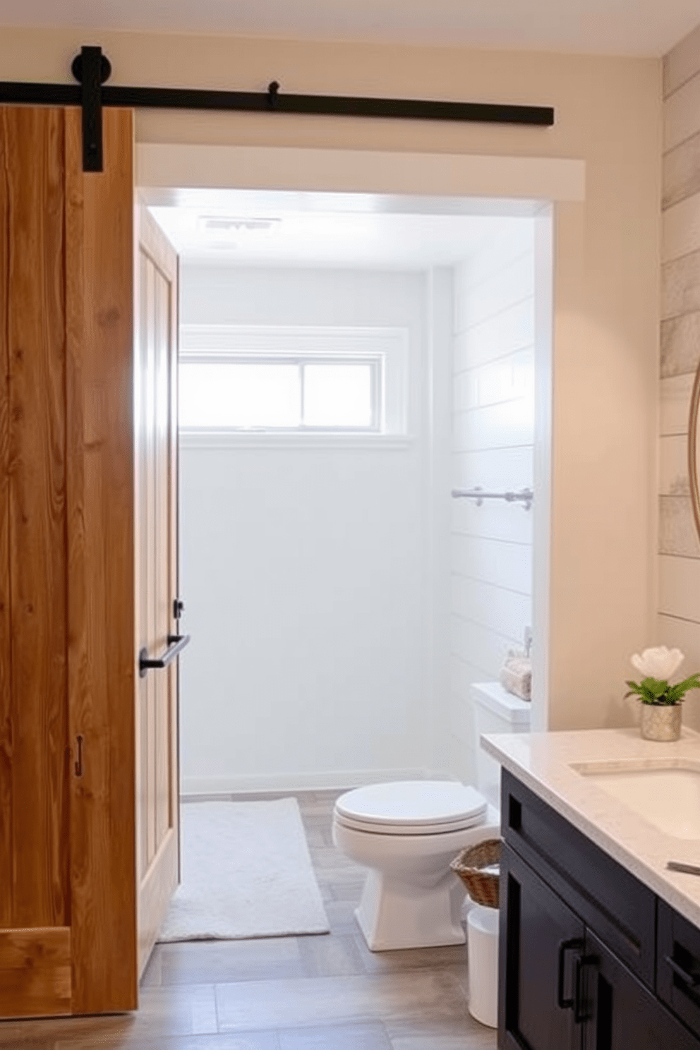 Rustic barn doors create a unique entry that combines charm and functionality. The natural wood finish enhances the overall warmth of the space while providing a striking focal point. For the bathroom wall design, consider a combination of shiplap and painted accents to add texture and character. Soft, neutral colors can complement the rustic elements, creating a serene and inviting atmosphere.