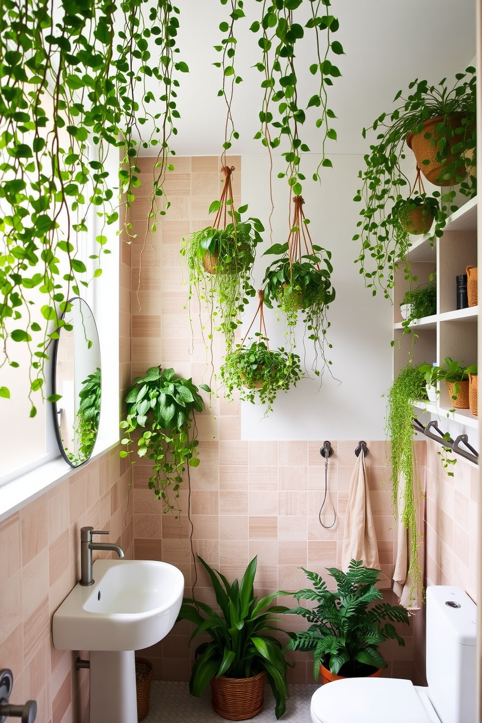 A vibrant bathroom filled with hanging plants cascading from the ceiling creating a fresh and lively atmosphere. The walls are adorned with textured tiles in soft earth tones, enhancing the natural feel of the space. A minimalist design featuring a combination of open shelving and strategically placed hooks for a functional yet stylish look. The color palette includes soft whites and greens, allowing the greenery to stand out beautifully.