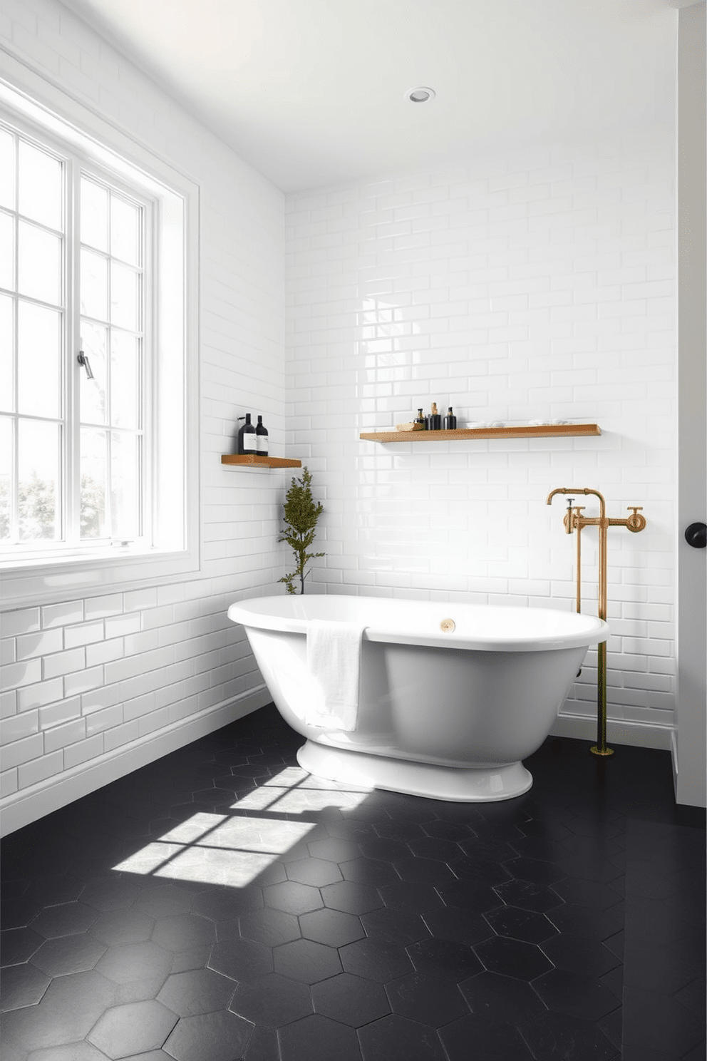 A bathroom featuring classic subway tiles in a crisp white finish covers the walls, creating a clean and timeless aesthetic. The floor is adorned with dark hexagonal tiles that contrast beautifully with the bright walls, adding depth to the space. A freestanding soaking tub sits against the wall, framed by a large window that allows natural light to flood in. Elegant brass fixtures and a minimalist wooden shelf with neatly arranged toiletries complete the serene atmosphere.