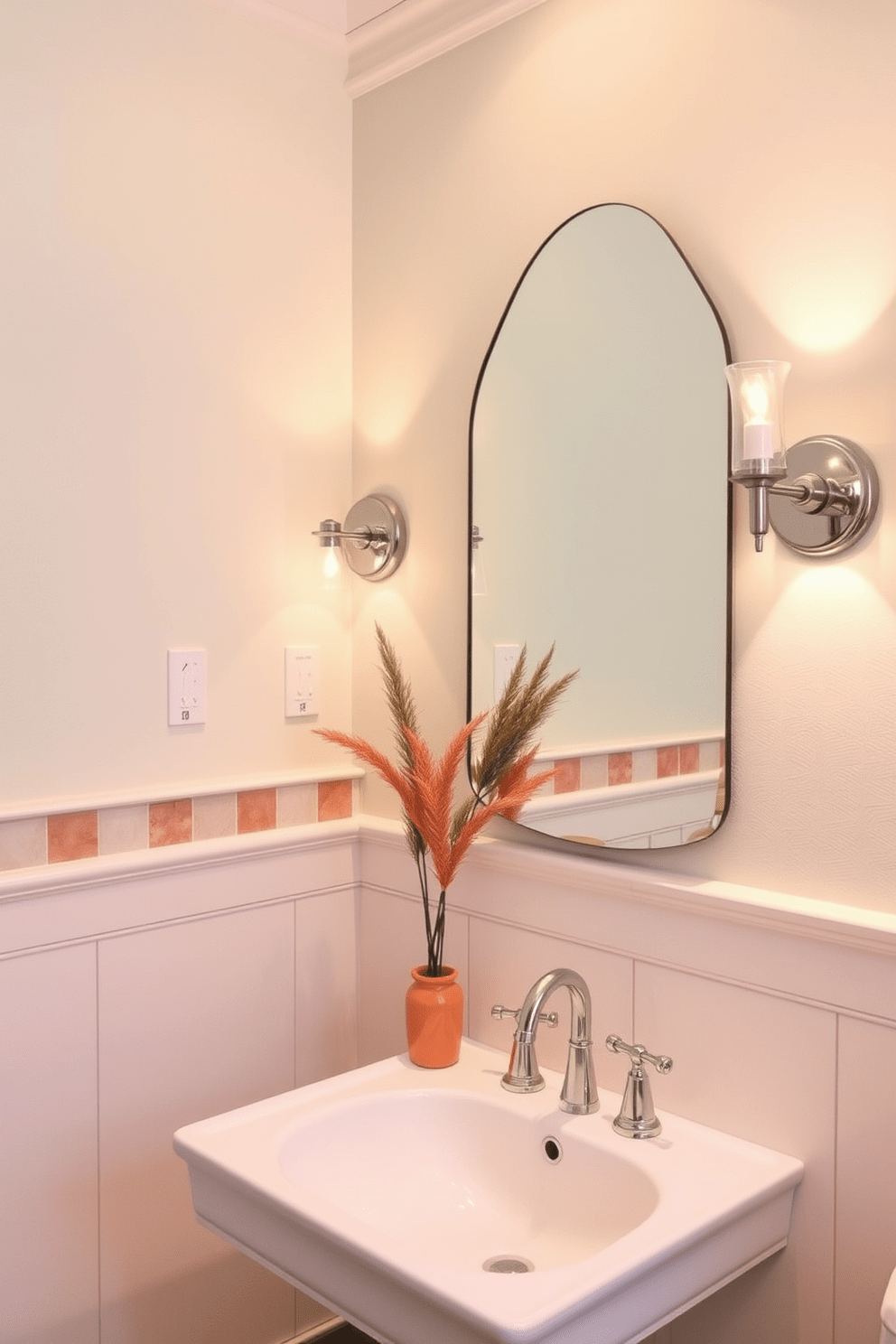 A cozy bathroom ambiance is created with elegant wall-mounted lighting fixtures that cast a warm glow across the space. The fixtures are strategically placed to highlight the beautiful wall design, enhancing the overall aesthetic of the room. The walls feature a unique combination of textured tiles and soft paint, creating a harmonious balance between modern and classic styles. Accents of color are introduced through decorative elements, adding depth and character to the bathroom's design.