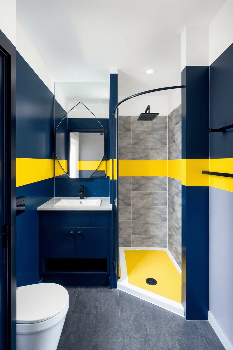 A vibrant bathroom featuring bold color block designs that create a modern and stylish atmosphere. The walls are divided into sections of deep navy blue and crisp white, complemented by sleek black fixtures and a minimalist vanity. The shower area showcases a striking combination of bright yellow and soft gray tiles, adding a playful touch to the space. A large mirror with a geometric frame reflects the dynamic colors, enhancing the contemporary feel of the bathroom.