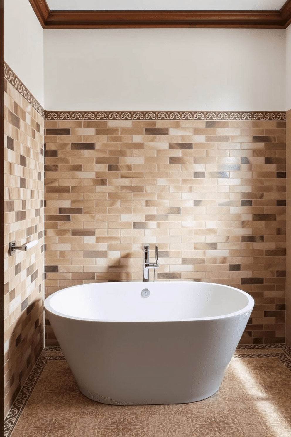 Artisan tile adds a handcrafted charm to any bathroom space. The walls are adorned with intricate patterned tiles in earthy tones, creating a warm and inviting atmosphere. The combination of textured tiles and soft lighting enhances the overall aesthetic. A sleek, freestanding bathtub sits against the tiled wall, framed by elegant fixtures that complement the artisanal design.