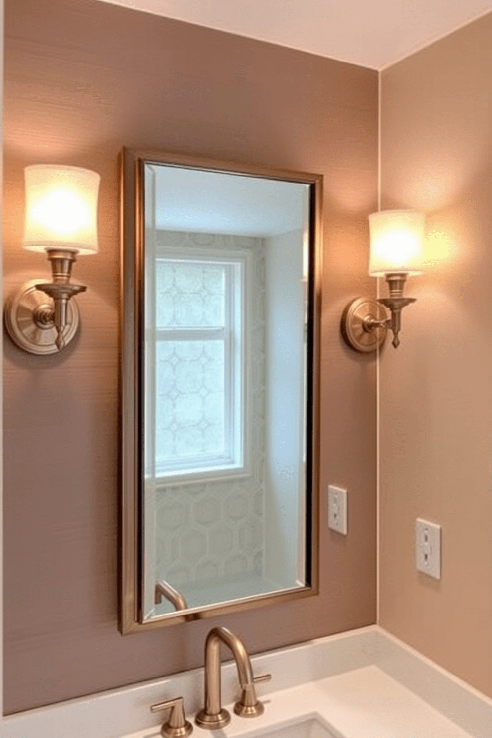 A pair of elegant sconces flanks a beautifully designed bathroom mirror, casting a warm glow throughout the space. The sconces feature intricate detailing and soft, diffused lighting that enhances the overall ambiance. The bathroom walls are adorned with a combination of textured tiles and soft paint colors, creating a harmonious and inviting atmosphere. A feature wall with geometric patterns adds a modern touch, while the rest of the walls maintain a serene, understated elegance.