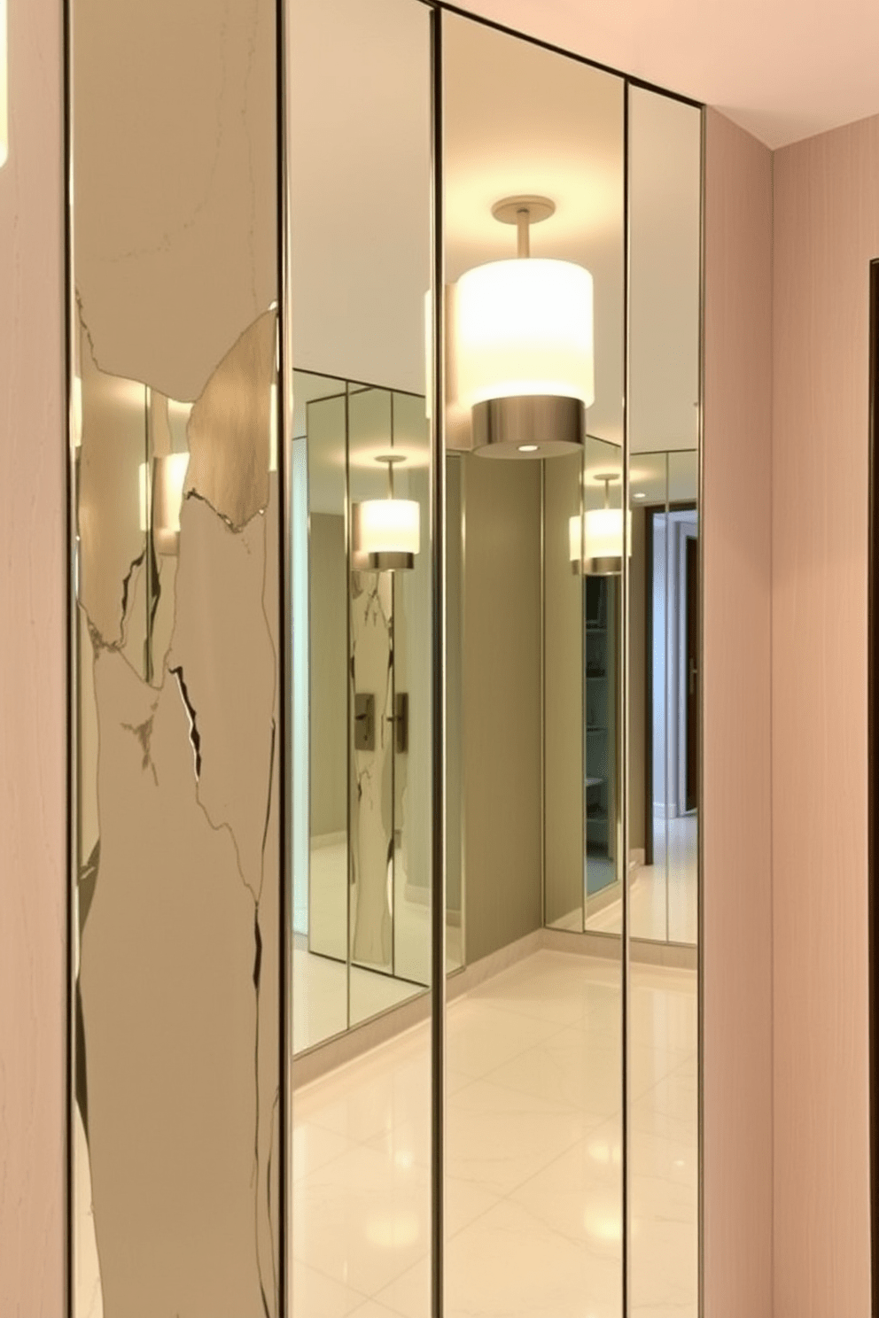 Mirrored panels adorn the walls, reflecting light and creating an illusion of spaciousness in the room. The design features a harmonious blend of modern aesthetics and functionality, enhancing the overall ambiance. The wall design incorporates subtle textures and colors to complement the mirrored elements. Soft lighting fixtures are strategically placed to highlight the reflective surfaces, adding depth and elegance to the space.