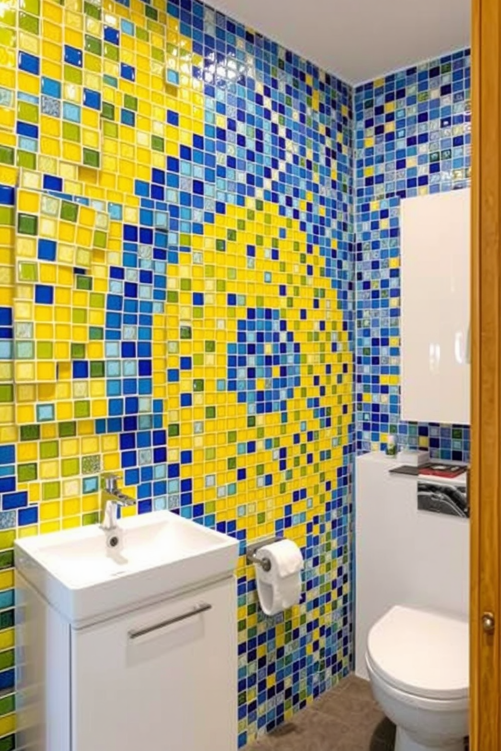 A colorful mosaic design adorns the bathroom wall, featuring a lively mix of blues, yellows, and greens that create a stunning visual impact. The vibrant tiles are arranged in a geometric pattern, adding depth and character to the space. Complementing the mosaic, sleek white fixtures and a minimalist vanity provide a modern contrast. Soft lighting enhances the colors of the mosaic, making the bathroom feel both inviting and energizing.