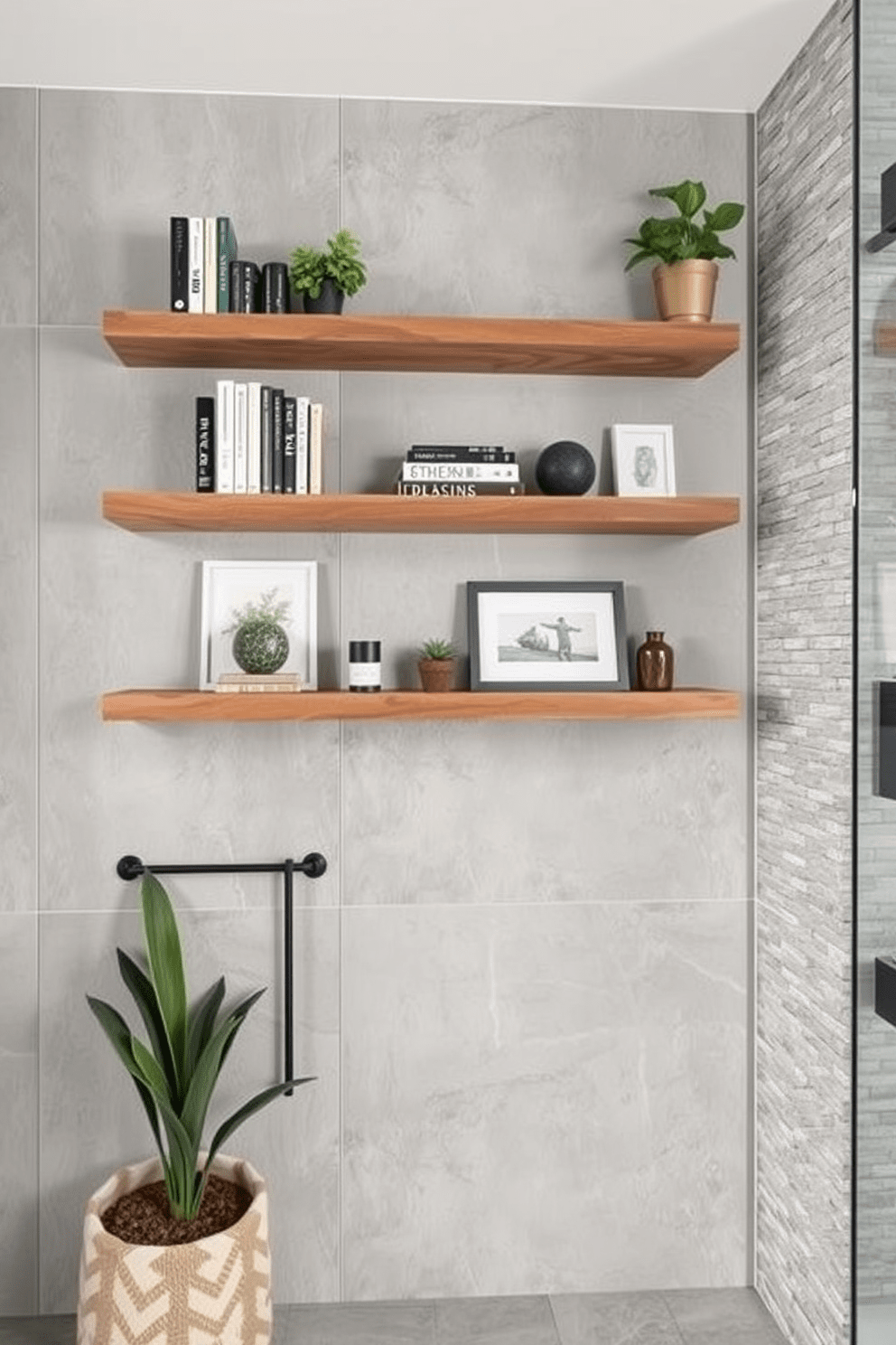 Floating shelves for stylish storage. The shelves are made of reclaimed wood and are arranged asymmetrically on the wall, showcasing a mix of decorative books, plants, and curated art pieces. Bathroom wall design ideas. The walls are adorned with large format tiles in a soft gray tone, complemented by a feature wall of textured stone that adds depth and interest to the space.