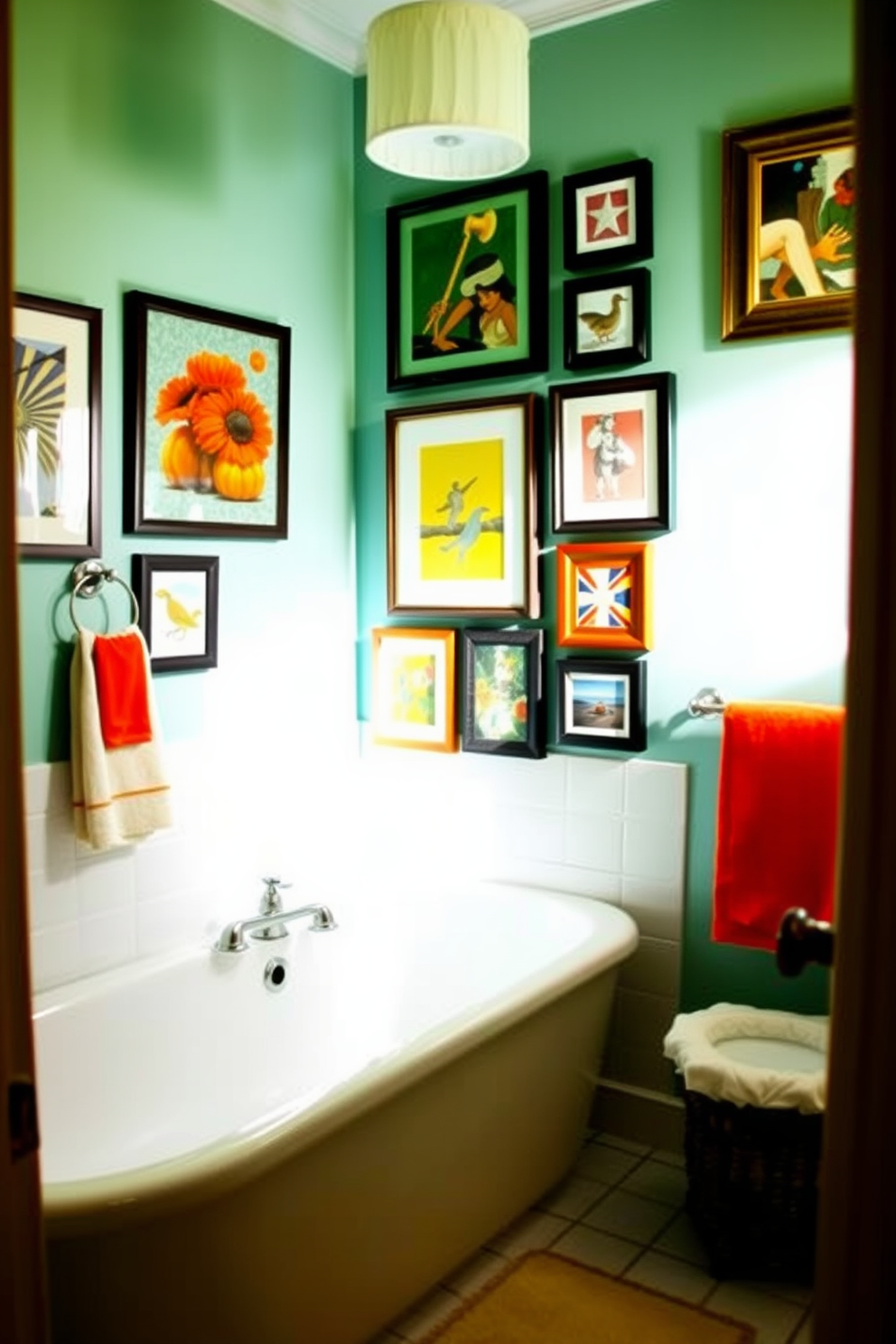 Create a bathroom wall design that features framed artwork to add a personal touch to the space. The artwork should be a collection of vibrant prints that complement the overall color scheme of the room. Incorporate a variety of frame styles and sizes to create visual interest. Arrange the frames in a gallery wall format above the bathtub, enhancing the ambiance and making the bathroom feel more inviting.