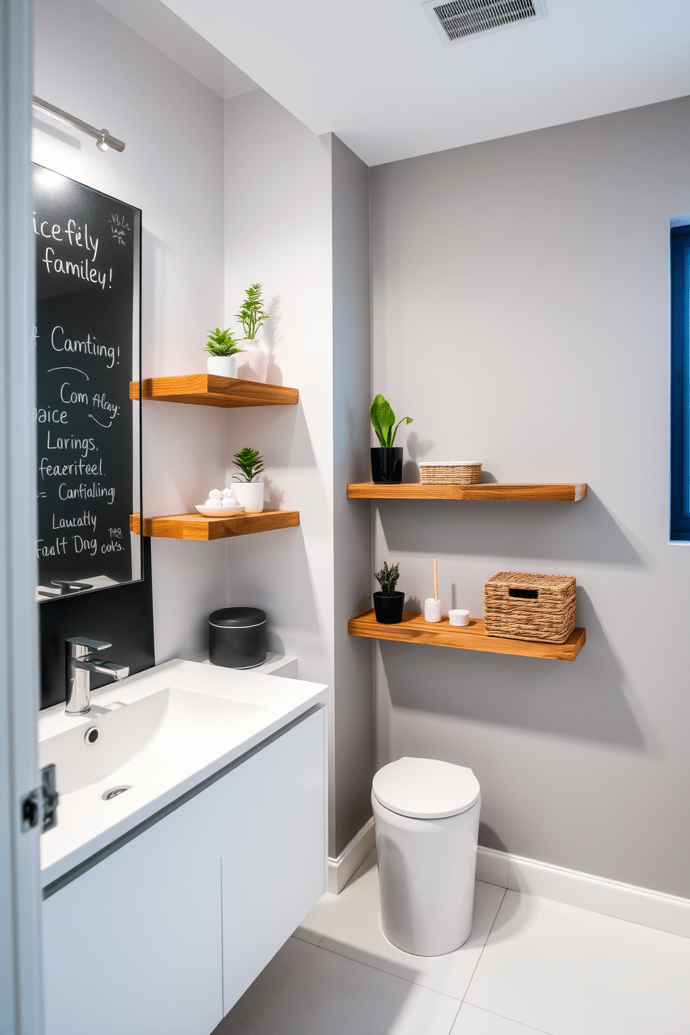 A modern bathroom featuring chalkboard paint on one wall, allowing for interactive decor where family members can jot down notes or drawings. The rest of the walls are painted in a soft gray, creating a stylish contrast with the playful chalkboard surface. Incorporate sleek floating shelves made of reclaimed wood, adorned with potted plants and decorative storage baskets. The flooring consists of large white tiles, providing a clean and contemporary look that complements the overall design.