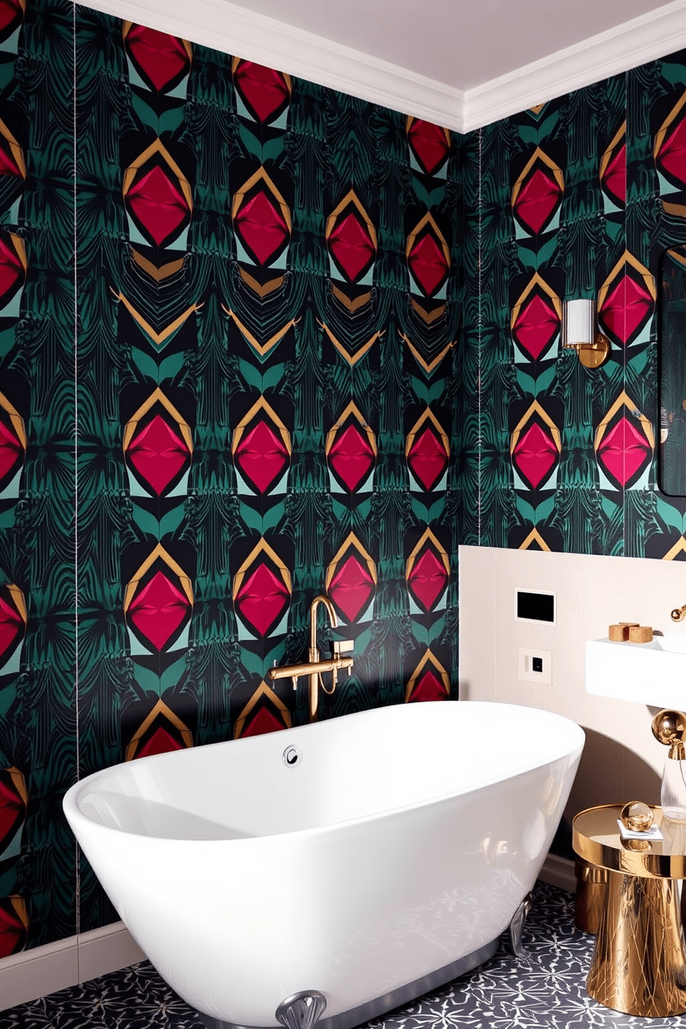 A chic bathroom featuring bold geometric patterns on the wallpaper that create a striking visual impact. The color palette includes vibrant hues that enhance the modern appeal while complementing sleek fixtures. The space is adorned with a contemporary freestanding bathtub that serves as a focal point against the patterned walls. Minimalist accessories in metallic finishes add a touch of elegance to the overall design.