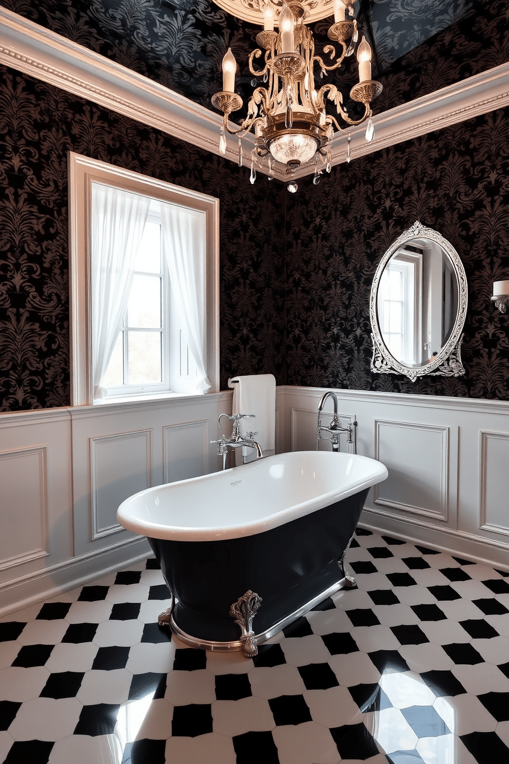 A classic black and white bathroom featuring intricate wallpaper with a damask pattern. The walls are adorned with elegant wainscoting, and a freestanding soaking tub sits beneath a large window with sheer curtains. The floor is tiled in a glossy black and white checkerboard pattern, adding a timeless touch. A vintage chandelier hangs from the ceiling, casting a warm glow over the space, complemented by polished chrome fixtures.