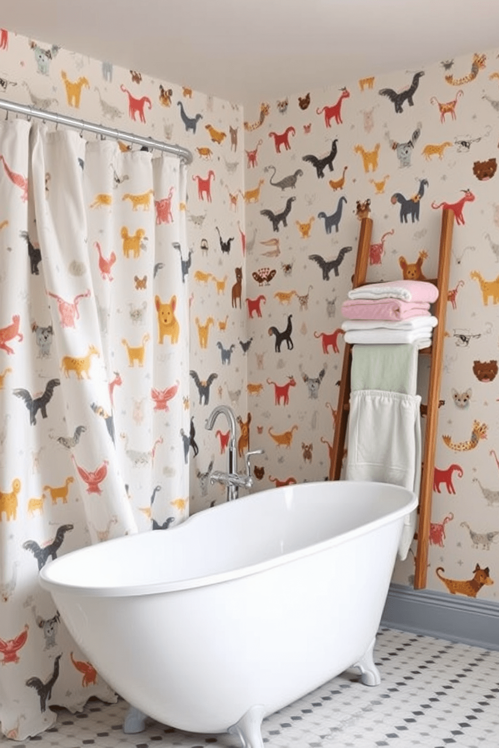 A whimsical bathroom setting adorned with playful animal prints that bring charm and joy to the space. The wallpaper features colorful illustrations of various animals in a fun and lighthearted style, creating an inviting atmosphere. The room includes a sleek freestanding bathtub with a unique shape, complemented by a playful shower curtain that echoes the animal theme. Soft, fluffy towels in pastel colors are neatly arranged on a ladder shelf, adding to the whimsical decor.