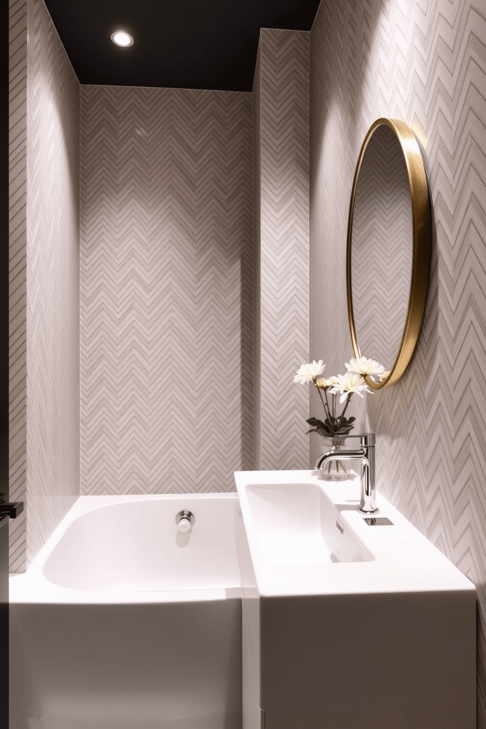 Chic herringbone patterns create a timeless style that enhances the elegance of any bathroom. The wallpaper features a subtle color palette with interwoven lines that add depth and sophistication to the space. The design is complemented by sleek fixtures and minimalist accessories to maintain a clean aesthetic. Soft lighting highlights the pattern, creating a warm and inviting atmosphere perfect for relaxation.