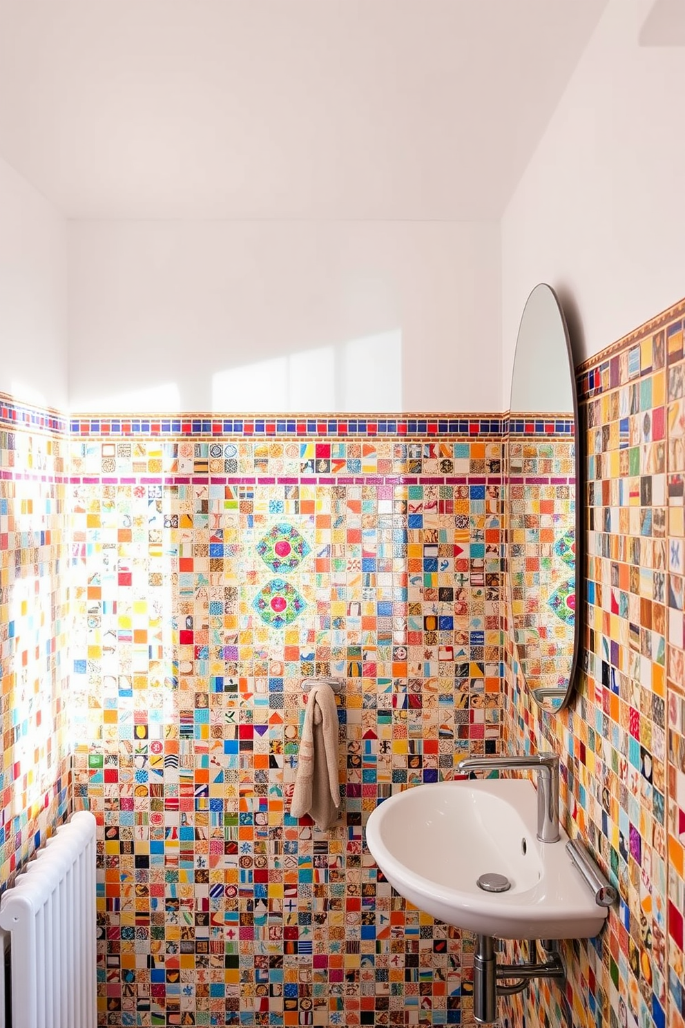 A vibrant bathroom setting featuring colorful mosaic tiles that create a lively atmosphere. The walls are adorned with intricate patterns that bring energy and warmth to the space. The ceiling is painted in a soft white to balance the boldness of the tiles. Elegant fixtures in polished chrome add a modern touch, enhancing the overall design.