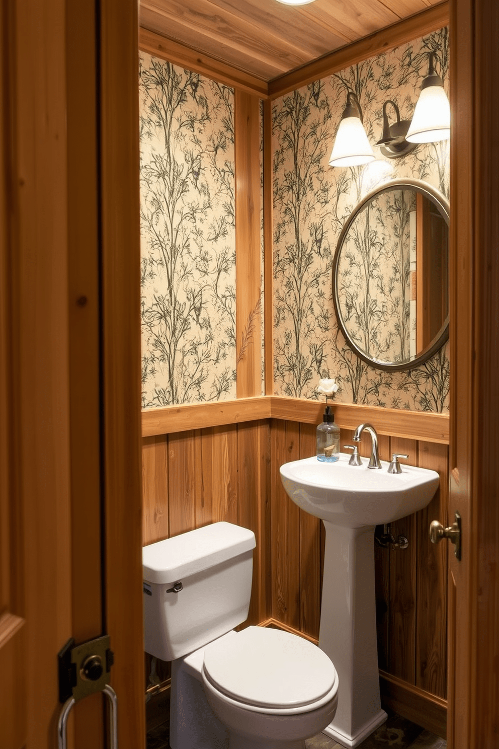 A cozy bathroom featuring rustic wood paneling that adds warmth and character to the space. The walls are adorned with nature-inspired wallpaper that complements the wood tones, creating a harmonious and inviting atmosphere.