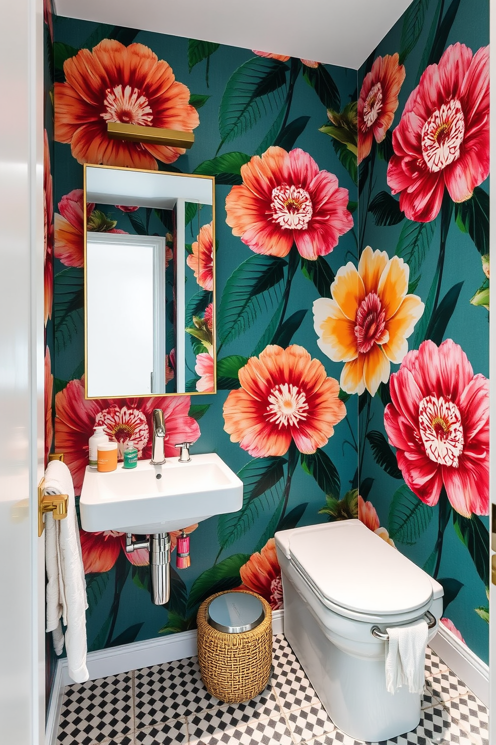 Graphic wallpaper for a bold statement. The bathroom features a striking geometric pattern in vibrant colors that draws the eye and energizes the space. The walls are adorned with large-scale floral designs in contrasting hues, creating a stunning visual impact. Paired with sleek white fixtures and natural wood accents, this wallpaper elevates the overall aesthetic of the bathroom.