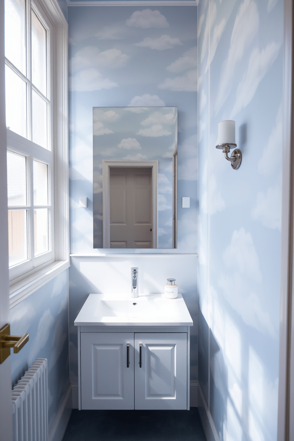 A serene bathroom setting featuring soft clouds and sky designs on the wallpaper. The calming hues of blue and white create a tranquil atmosphere, perfect for relaxation. The wallpaper is complemented by elegant fixtures and a minimalist vanity. Natural light filters through frosted glass windows, enhancing the peaceful ambiance.