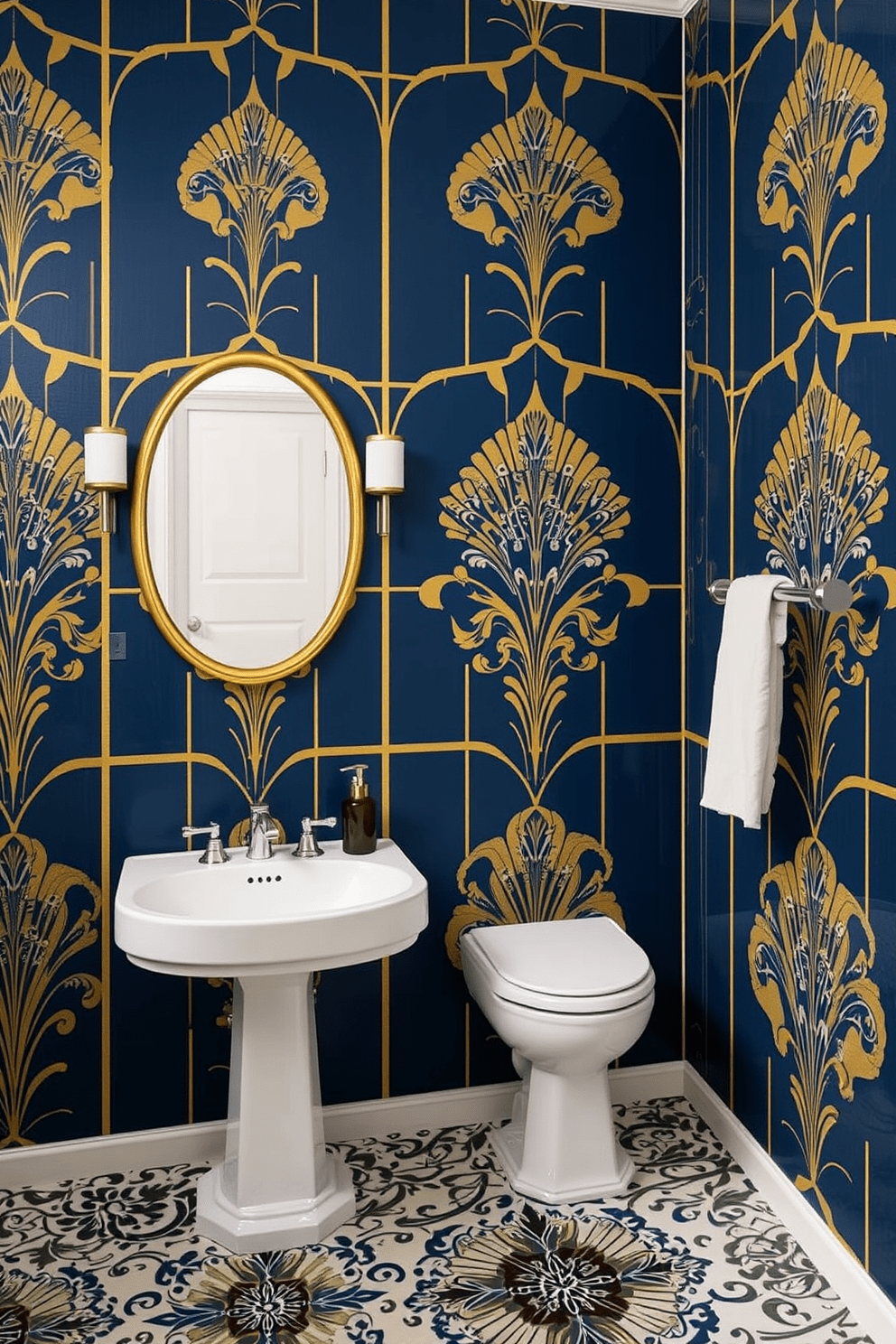 Art deco patterns bring a vintage flair to bathroom wallpaper design. The wallpaper features bold geometric shapes in rich colors like deep blue and gold, creating a luxurious atmosphere. Intricate floral motifs are interspersed with the geometric designs, adding elegance and sophistication. The overall effect transforms the bathroom into a stylish retreat reminiscent of the glamour of the 1920s.