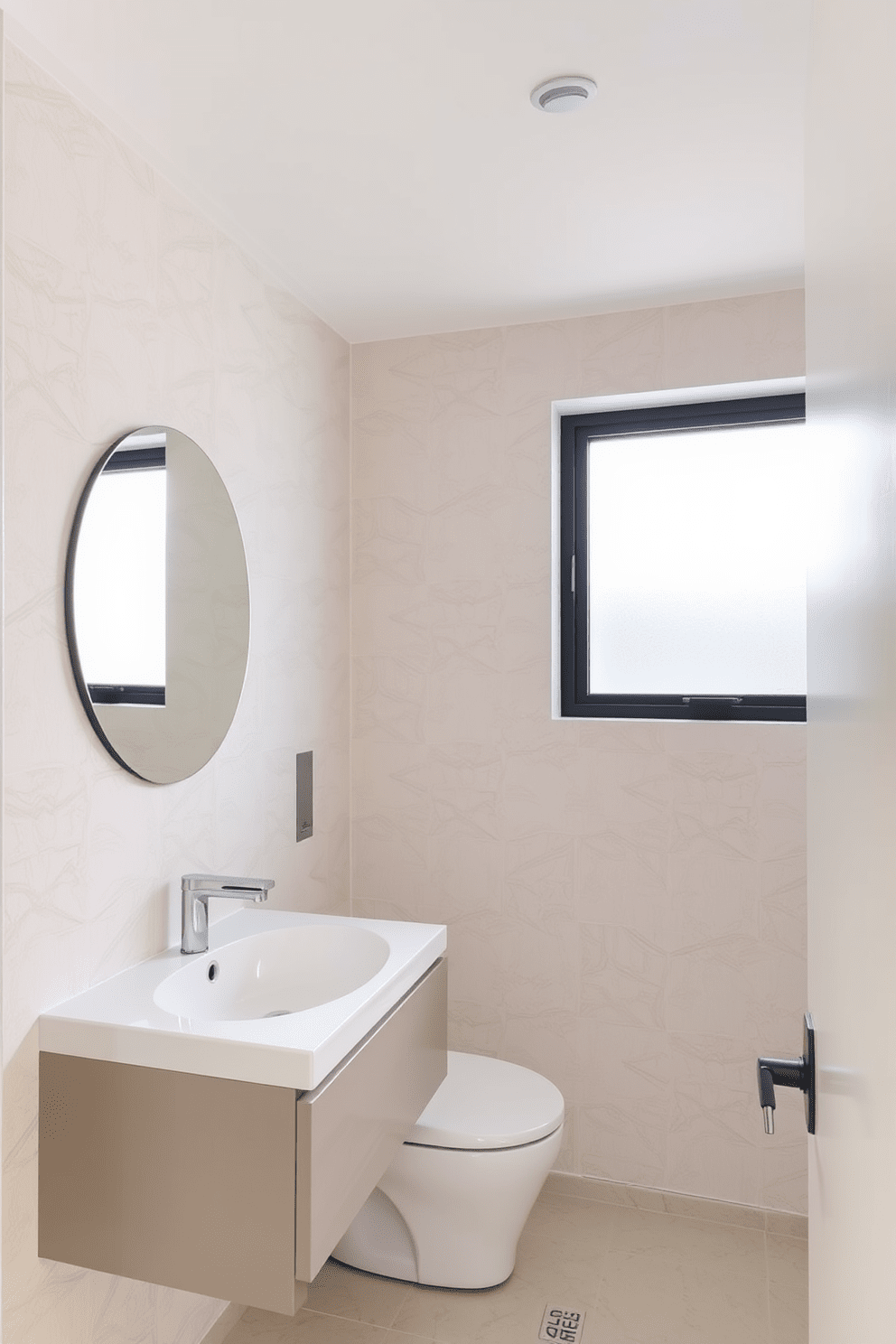 A minimalist bathroom design featuring smooth, clean lines that emphasize simplicity and elegance. The wallpaper showcases subtle geometric patterns in soft neutral tones, creating a serene backdrop for the space. The overall aesthetic is complemented by sleek fixtures and a streamlined vanity. Natural light filters in through a frosted window, enhancing the tranquil atmosphere of the room.