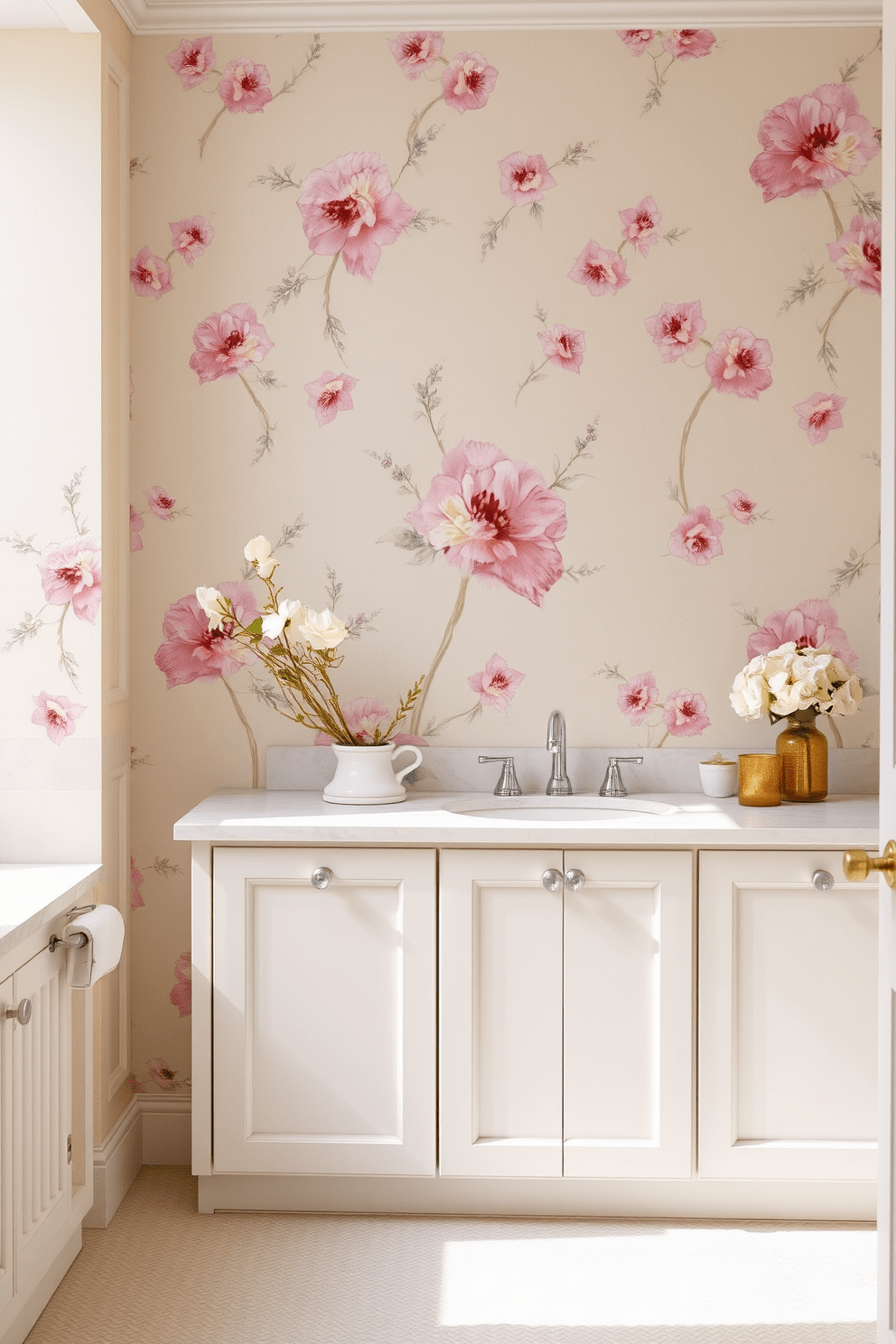 Soft pastel florals create a calming effect in the bathroom. The wallpaper features delicate blossoms in shades of blush, lavender, and mint, set against a light cream background. The design incorporates subtle textures that enhance the serene atmosphere. This wallpaper can be paired with white cabinetry and natural wood accents for a cohesive look.