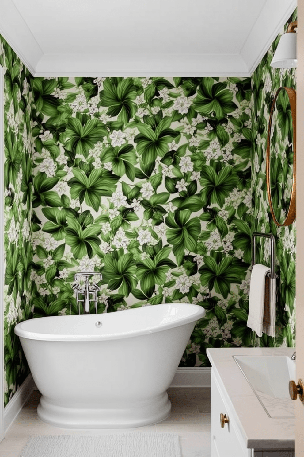 A serene bathroom adorned with botanical prints that create a fresh and lively ambiance. The wallpaper features an array of lush green leaves and delicate flowers, bringing the beauty of nature indoors. The space is complemented by soft, neutral-colored fixtures that enhance the vibrant wallpaper. A stylish freestanding bathtub sits against one wall, inviting relaxation and tranquility.