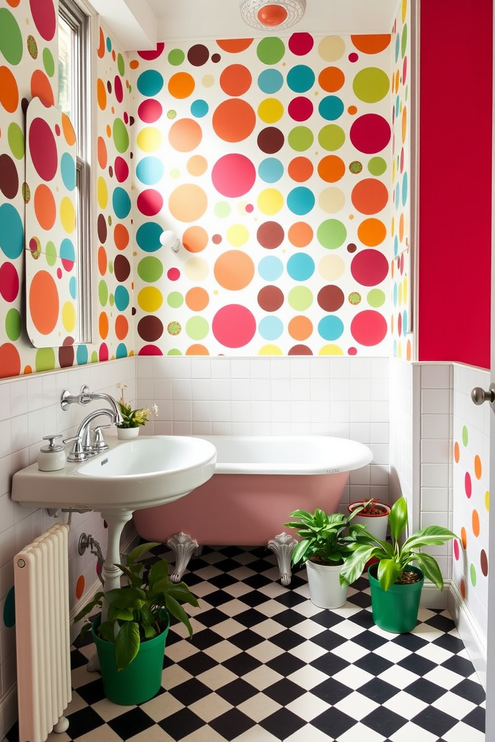 A bright bathroom featuring retro wallpaper with bold geometric patterns in vibrant colors. The walls are adorned with a mix of circles and triangles, creating a lively atmosphere that evokes nostalgia. The floor is covered with classic black and white checkered tiles, complementing the wallpaper beautifully. A vintage clawfoot bathtub sits against one wall, surrounded by potted plants that add a touch of greenery.