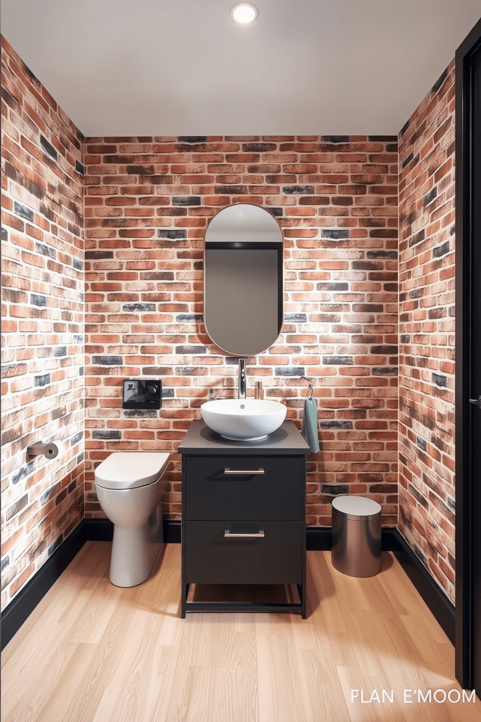 A chic urban bathroom featuring faux brick wallpaper that adds texture and warmth to the space. The walls are complemented by sleek modern fixtures and a minimalist aesthetic that enhances the overall design. Incorporate a stylish vanity with a vessel sink and polished chrome faucet. The flooring is a light wood finish that contrasts beautifully with the rugged wallpaper, creating a harmonious balance.